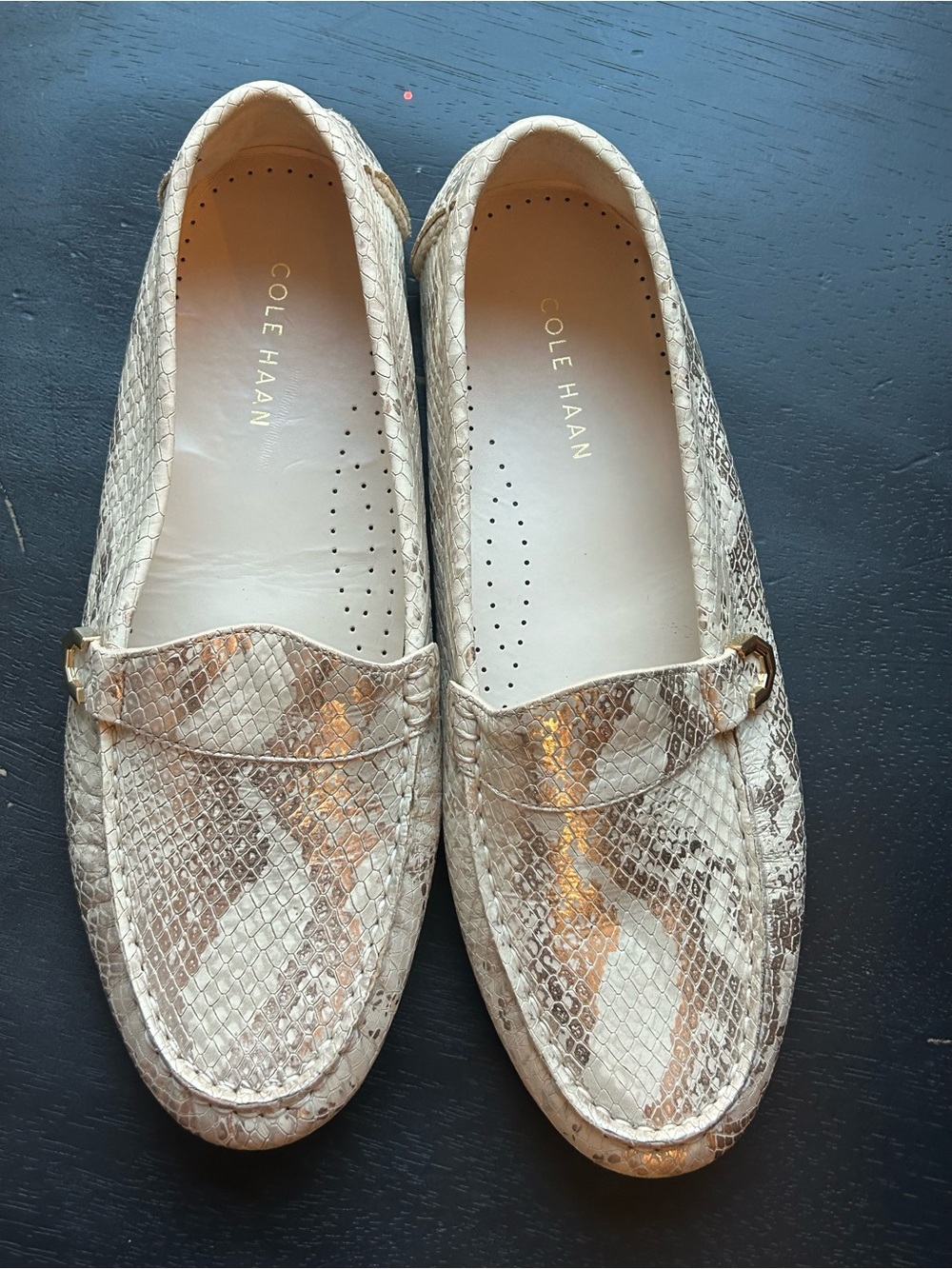Cole Haan Metallic Snake-Print Slip-On Loafers in Beige and Light Brown/gold